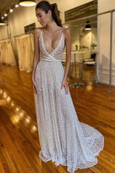 Gorgeous V-neck Spaghetti Straps Sequins Wedding Dresses with Train,Boho Beach Wedding Dresses